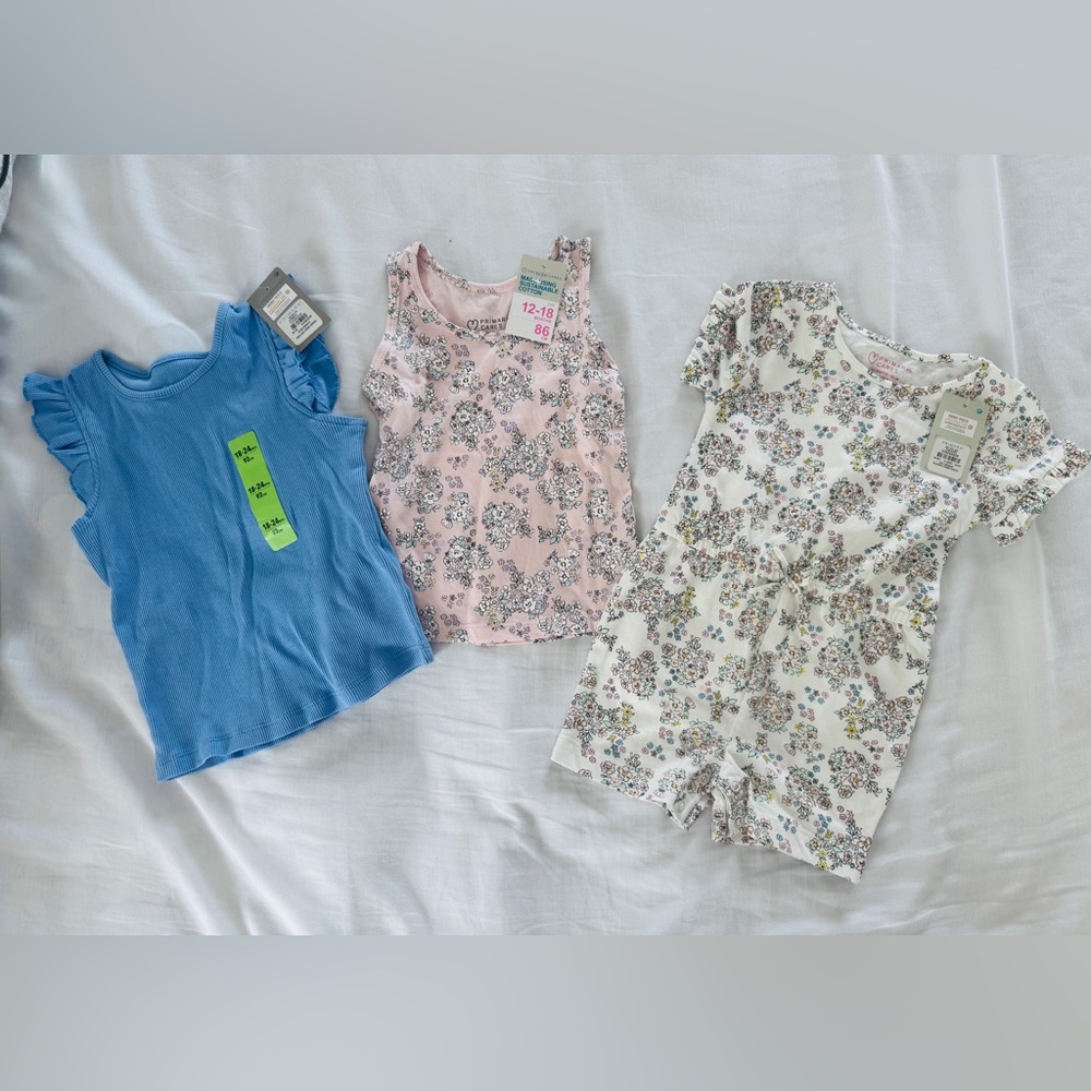 Primark Baby Girl Lot NWT Ditsy Floral Tanks Tops & Romper 12–24M | 100% Cotton